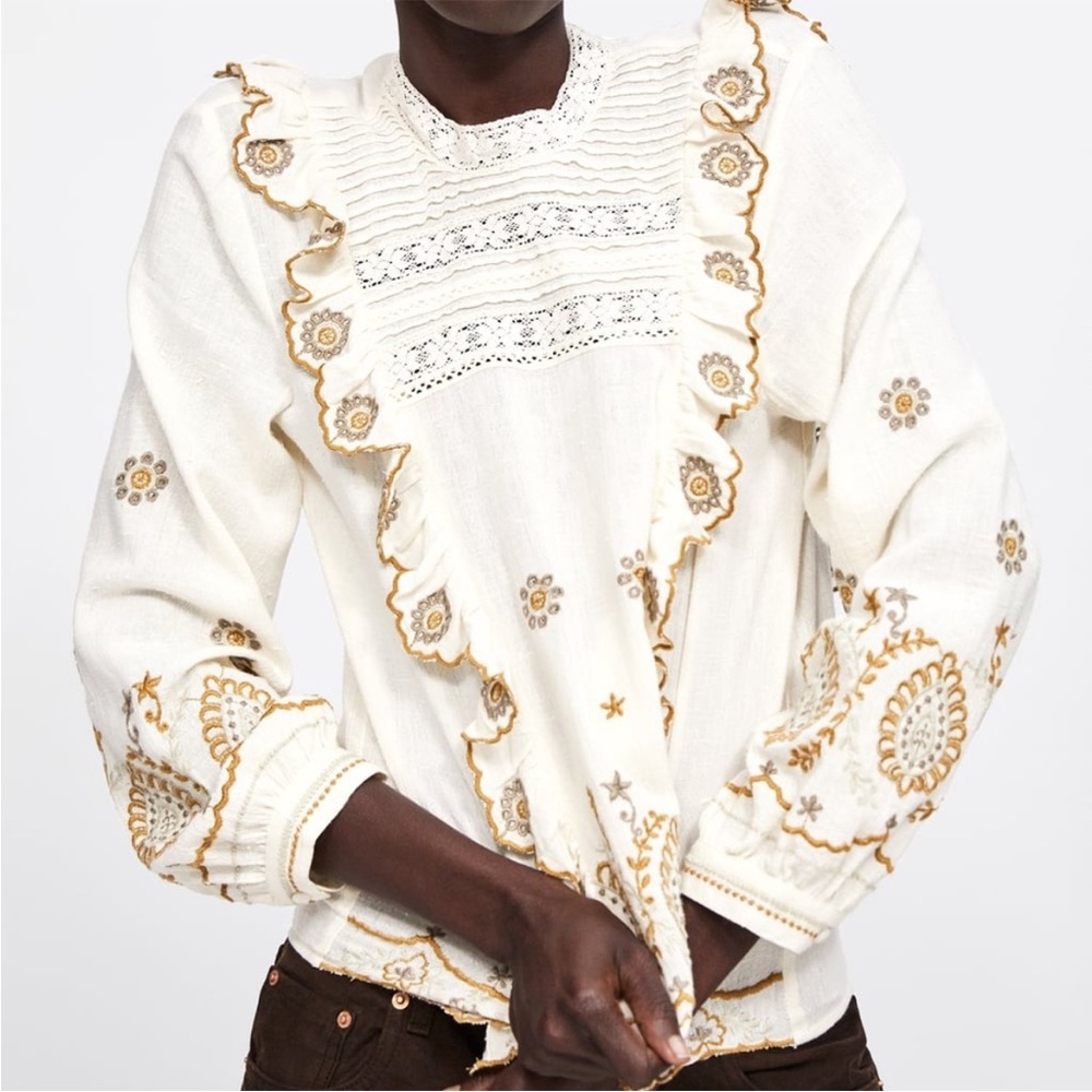 Zara Cream Ruffled Embroidered Blouse S